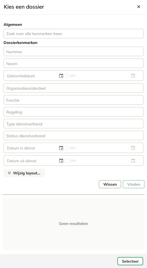 Het Selecteer dossier paneel