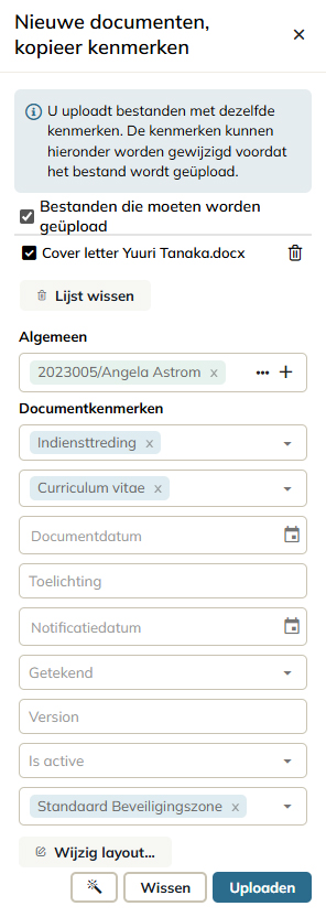 Het paneel voor het instellen van de kenmerken van een nieuw document