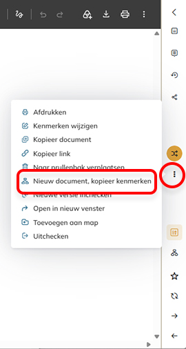 De optie 'Nieuw document, kopieer kenmerken' in het menu van de verticale werkbalk.