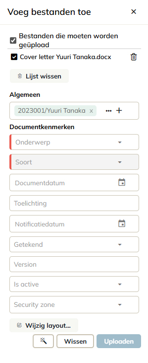Het paneel Uploaden naar dossier