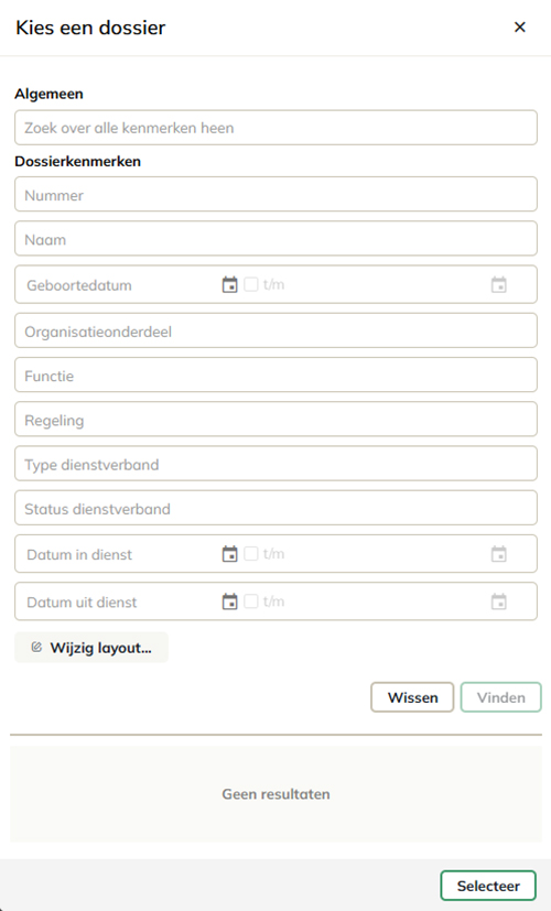 Het Selecteer dossier paneel