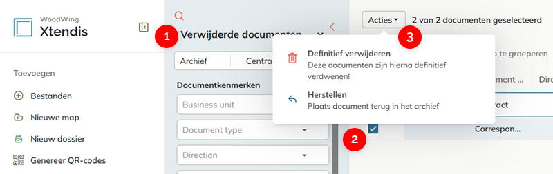De stappen voor het definitief verwijderen of herstellen van een document