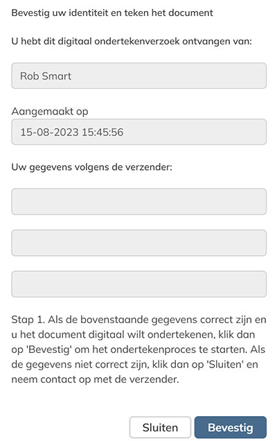 Het paneel om het document te ondertekenen