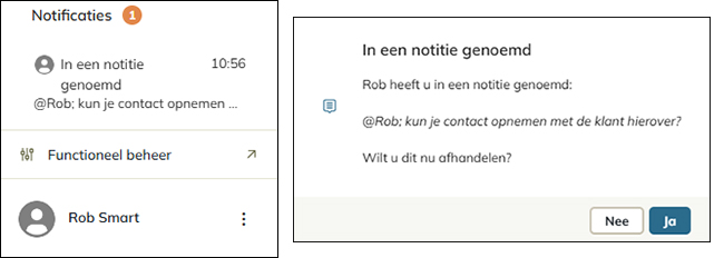 Een melding in de werkbalk en het dialoog dat verschijnt wanneer erop geklikt wordt