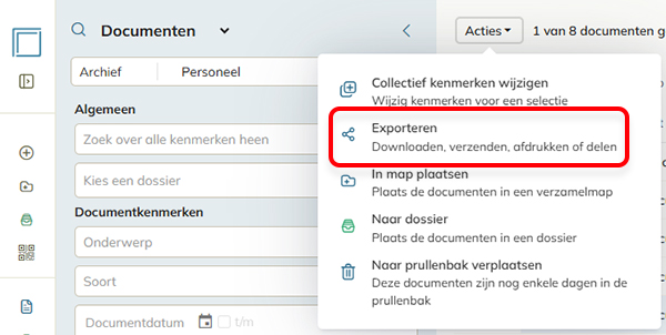 De optie Exporteren in het actiemenu