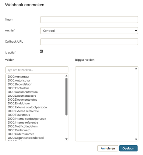 Het dialoog Webhook aanmaken