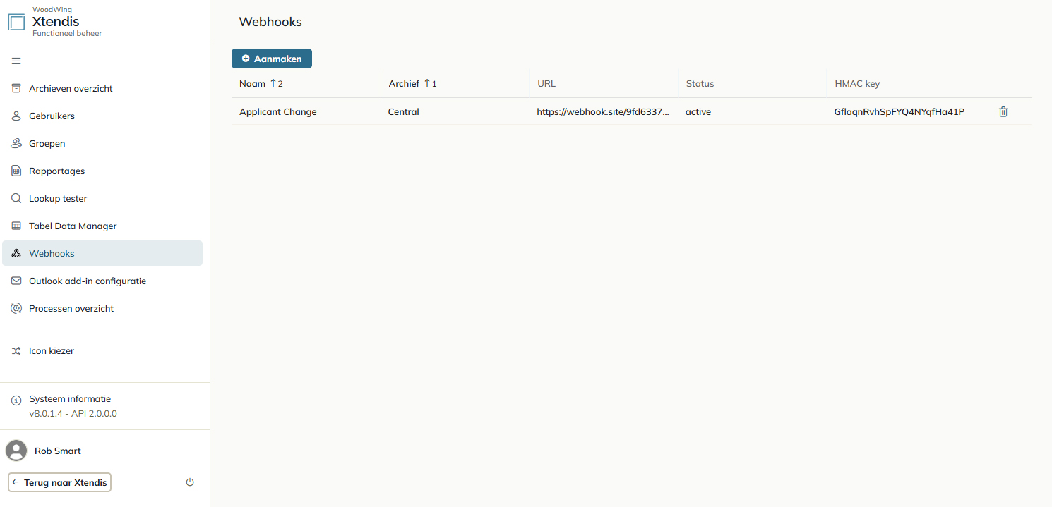 De pagina Webhooks in het onderdeel Functioneel beheer van Xtendis