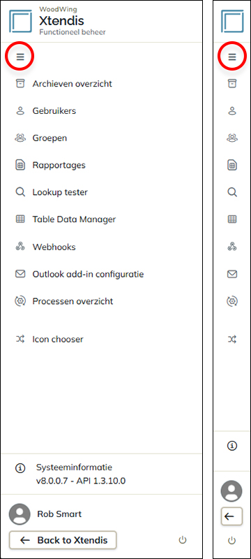 De schakelknop om het menu in en uit te klappen