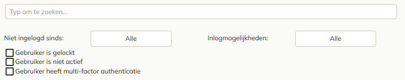 De opties voor het filteren van de pagina Gebruikers