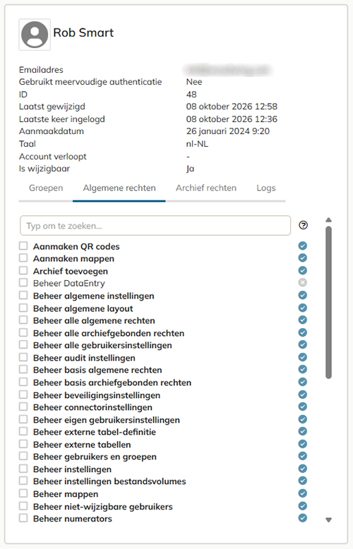 Het zijpaneel met een overzicht van de instellingen van de gebruiker