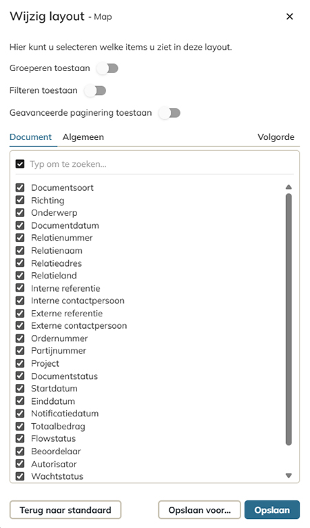 Het paneel voor het bewerken van een layout