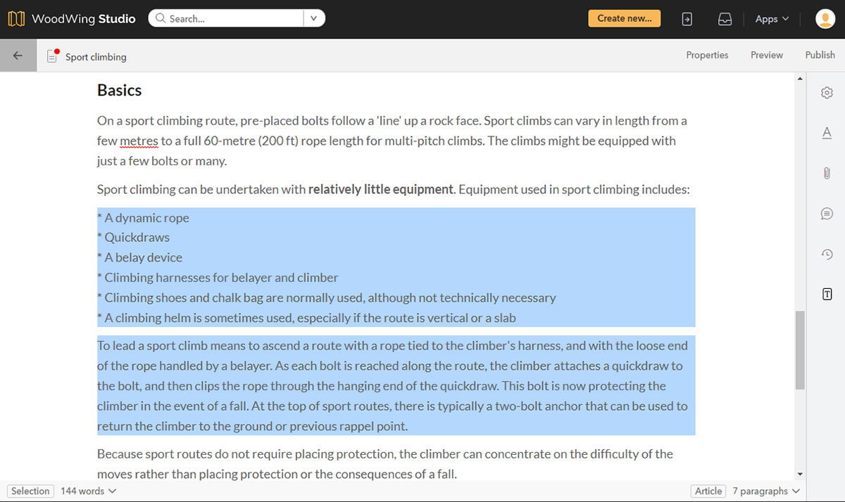 Viewing the character, word, and paragraph count of selected text