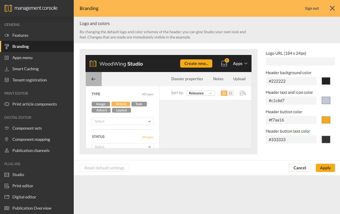 The Branding page in the Management Console of Studio